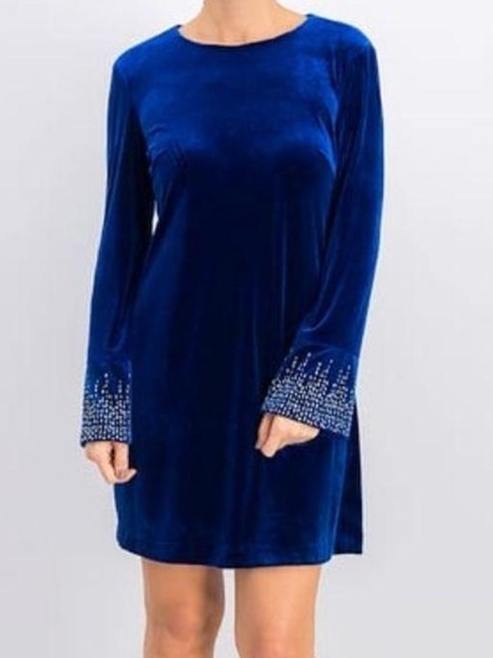 Calvin Klein Navy Velvet Long-Sleeve Sheath Dress with Embellished Cuffs